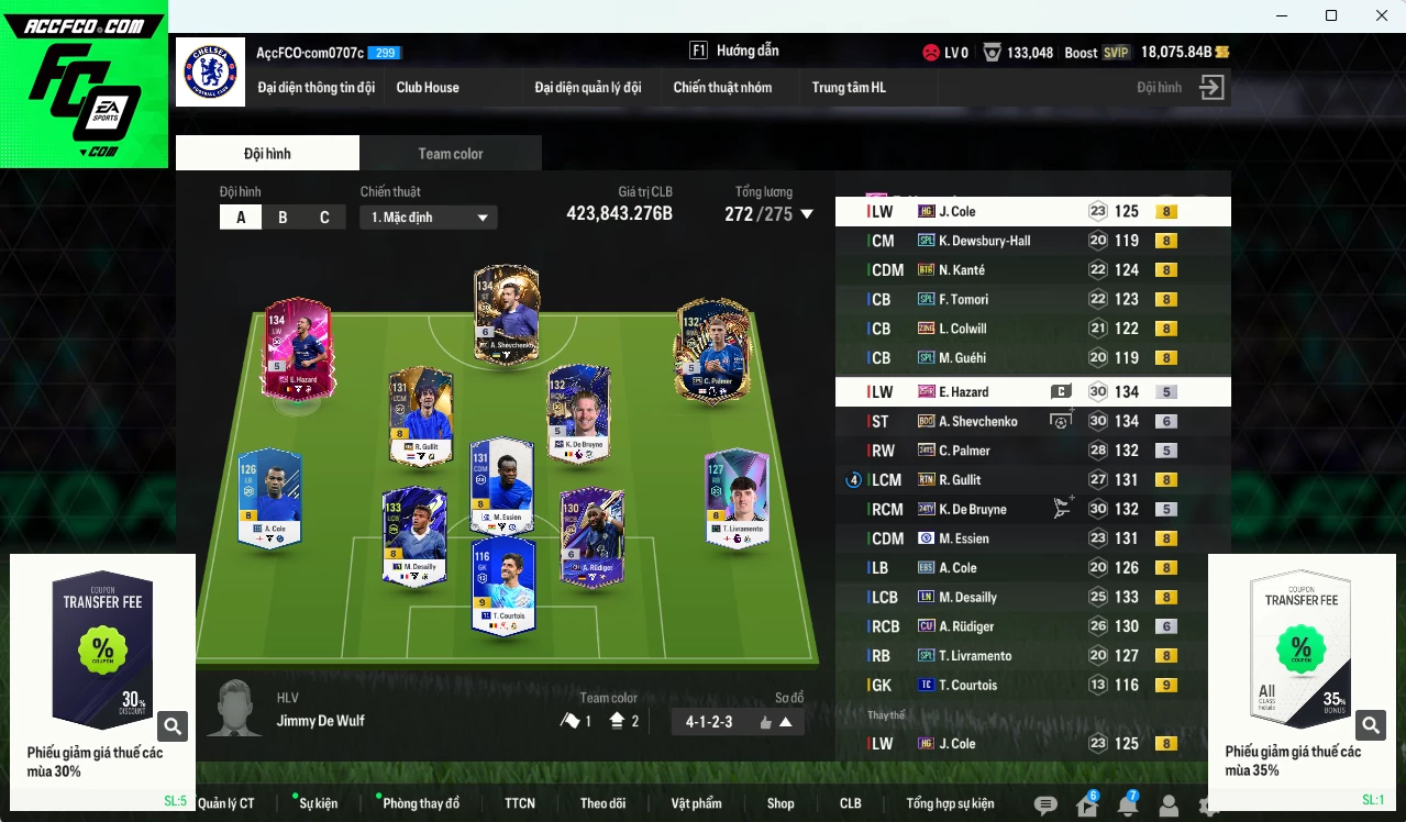 Chelsea 423.840b dư 18.000b có Sheva BDO+6, Gullit RTN, Hazard 25HR, K. De Bruyne 24TY, Essien CFA, Rudiger CU+6, Desailly LN, Palmer 24TS, Courtois TC+9... HLV Xịn